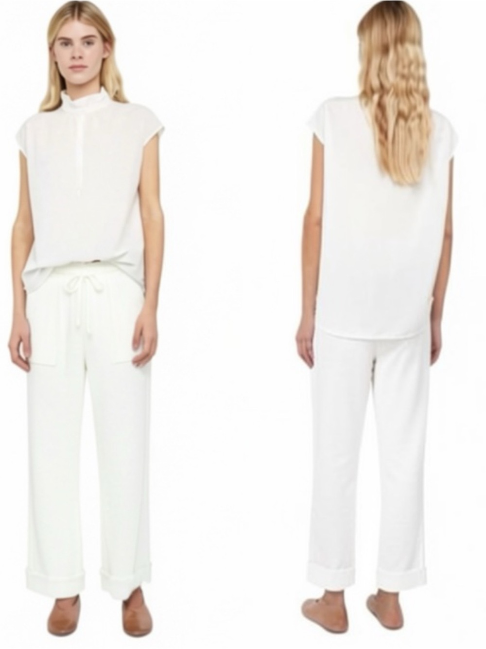 RAQUEL ALLEGRA White Crepe Frayed Flare Wide Leg Pants Trousers